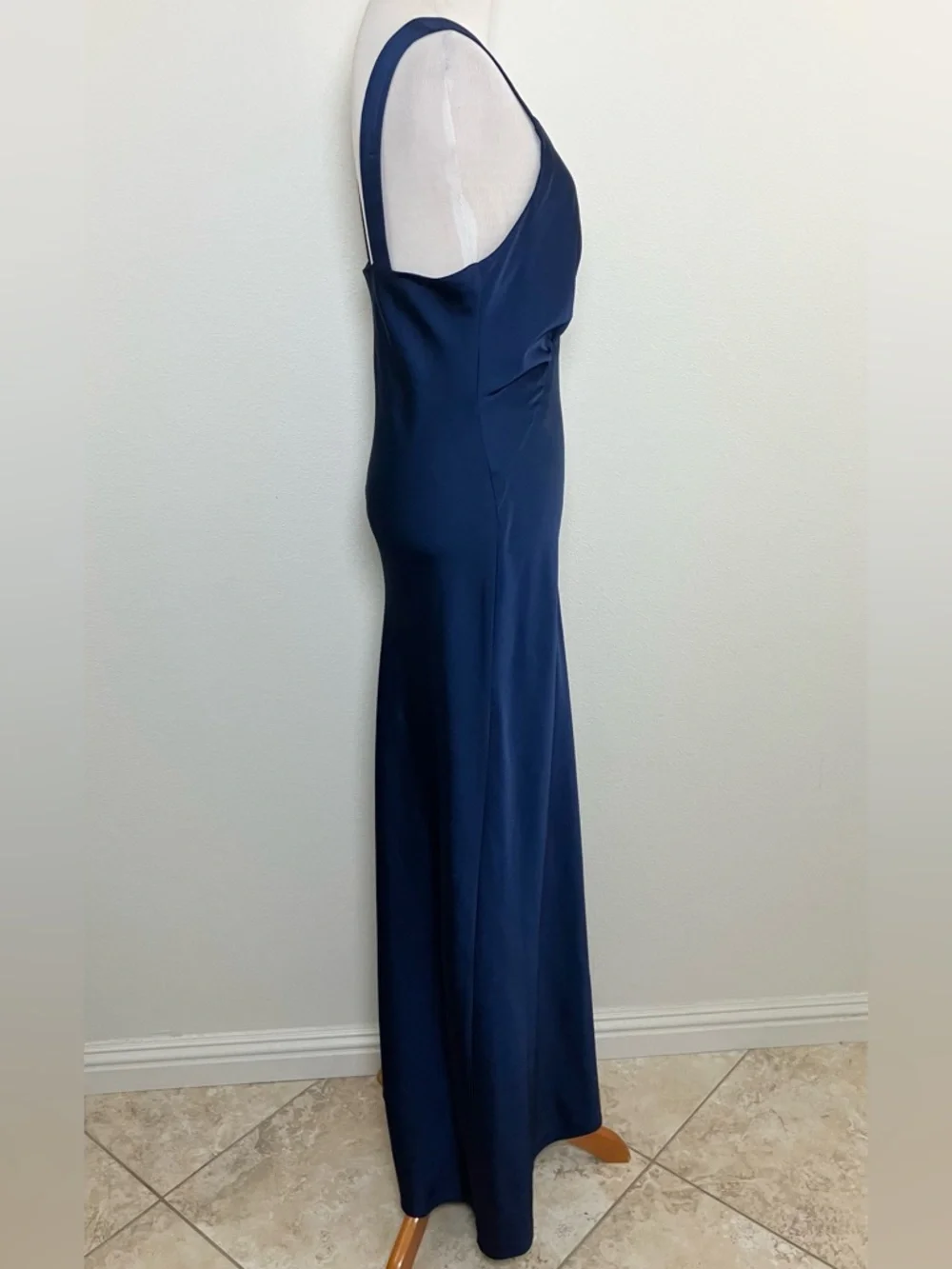 Satin Navy Blue V-Neck Maxi Dress with Wide Straps - Picture 8 of 11